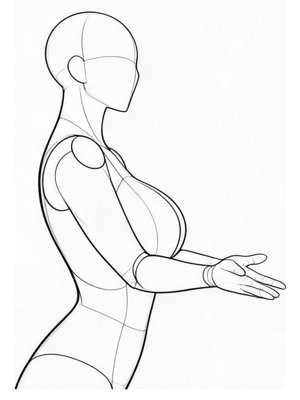 P028 Elbows framing the chest, torso twisted · Side view