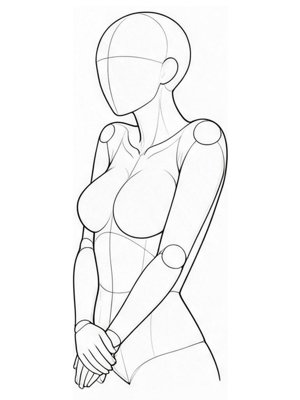P029 Shoulders raised, hands crossed low · Three-quarter view