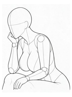 P040 Elbow on the knee, chin on hand · Three-quarter view