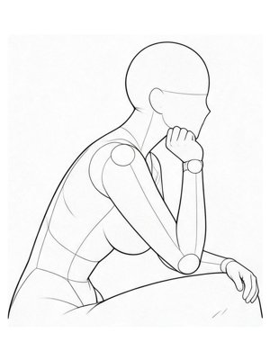 P040 Elbow on the knee, chin on hand · Side view