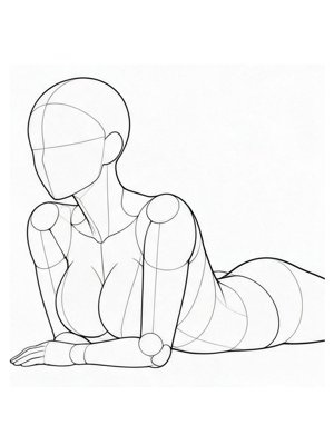P044 Face down on the elbows, chest pressed · Three-quarter view
