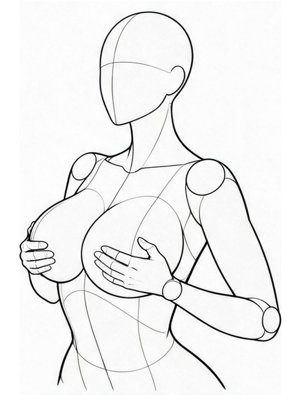 P047 Hands on the upper chest, pressing inward · Three-quarter view