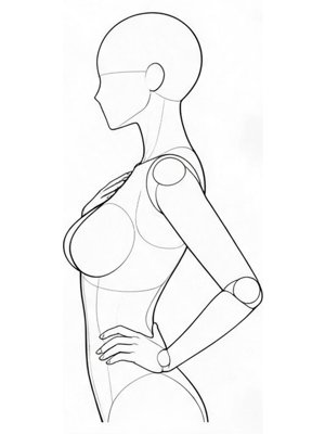 P054 Covered with one hand, other on the waist · Side view
