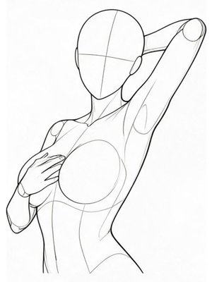 P055 One hand on the chest, one in the hair · Three-quarter view