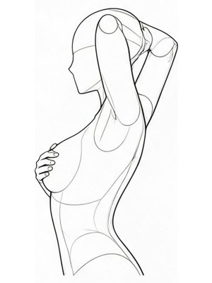 P055 One hand on the chest, one in the hair · Side view
