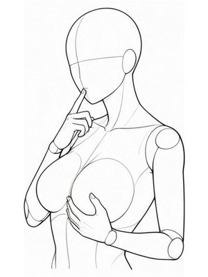 P060 Finger to the lips, hand on the chest · Three-quarter view