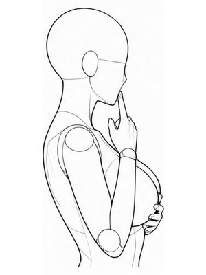 P060 Finger to the lips, hand on the chest · Side view