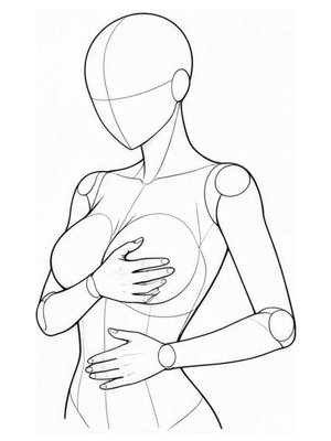 P062 One hand on the chest, one on the stomach · Three-quarter view