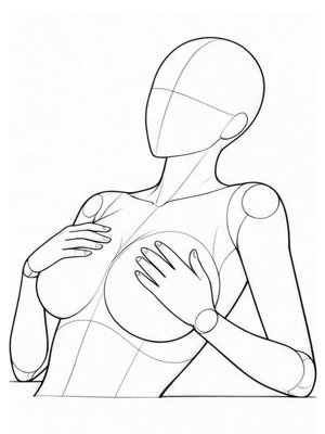 P074 On the back, hands on the chest · Three-quarter view