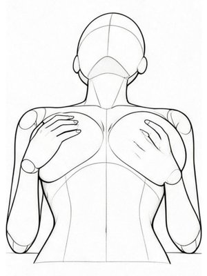 P074 On the back, hands on the chest · Low angle